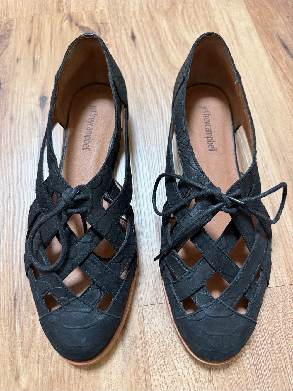 Jeffrey Campbell Canela, Black Woven Lace-Up Flats with Cutouts, size 7, EUC